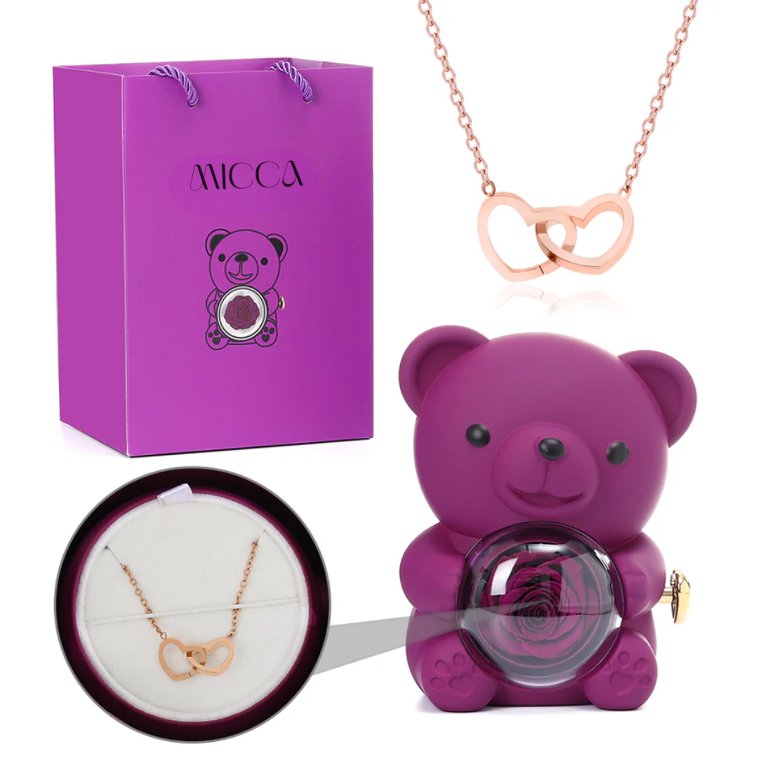 Urso com Rosa Eterna & Colar Gravado com Nomes