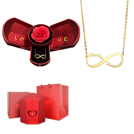Caixa com Rosa Eterna & Colar Infinito Personalizado com Nomes