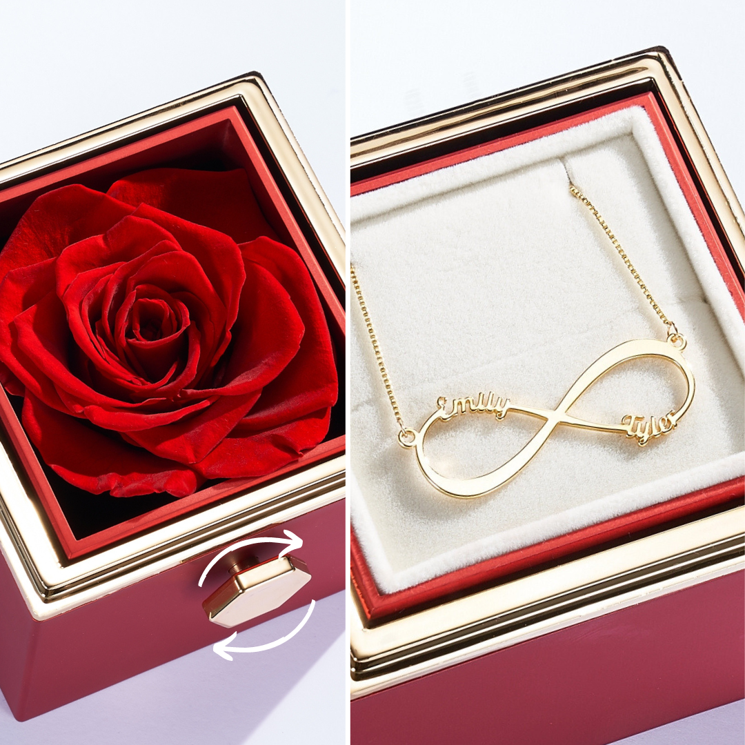 Caixa com Rosa & Colar Personalizado com Nomes - Infinity