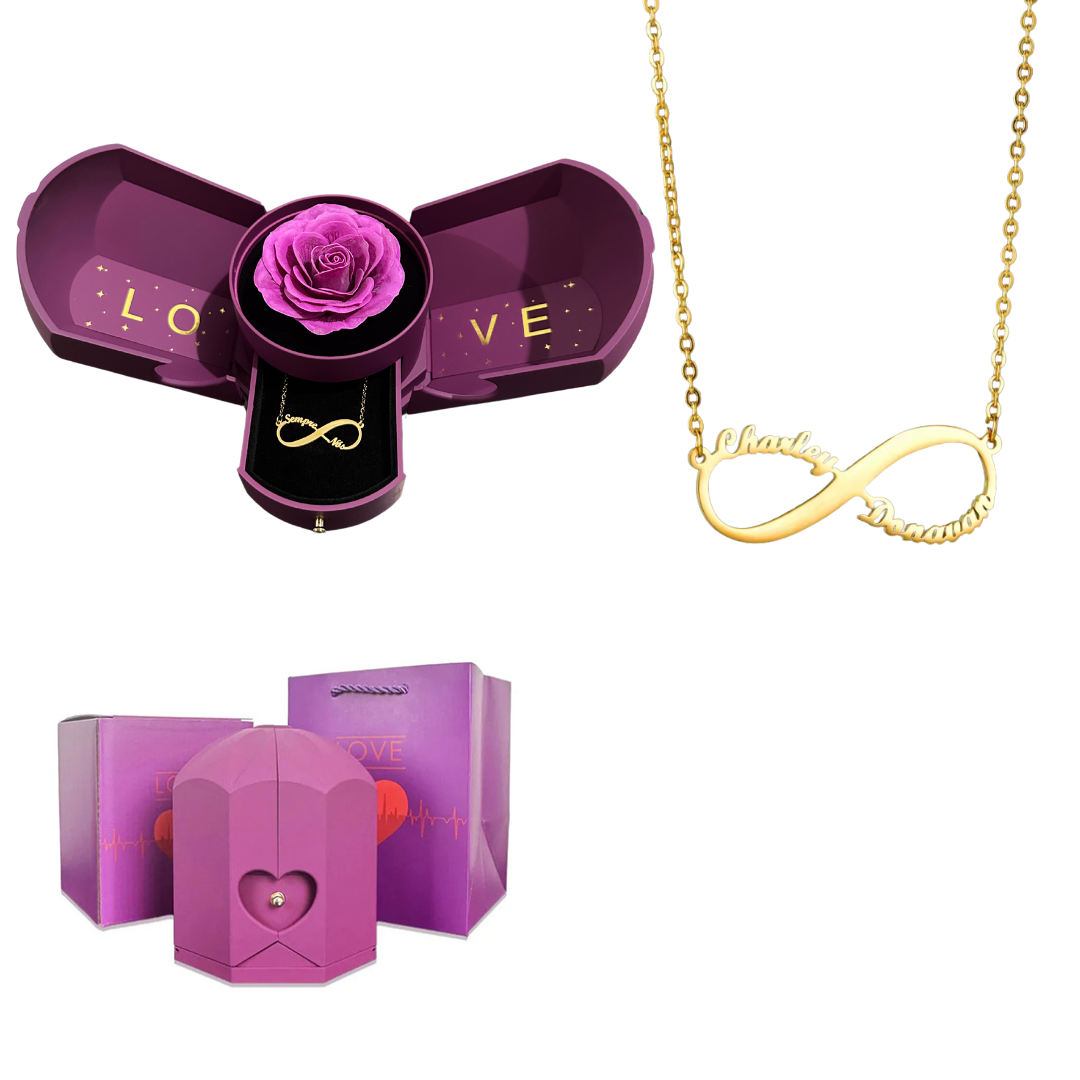 Caixa com Rosa Eterna & Colar Infinito Personalizado com Nomes
