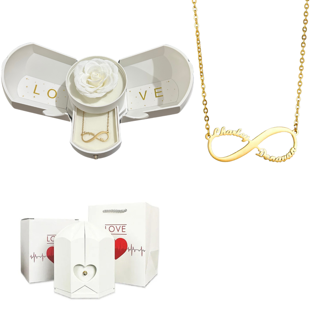 Caixa com Rosa Eterna & Colar Infinito Personalizado com Nomes