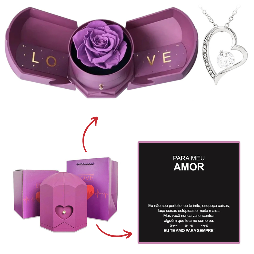 Colar em Ouro Branco 14k - Com Rosa Verdadeira - Para meu Amor