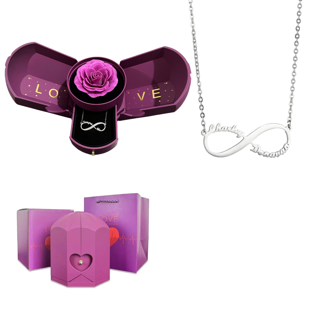 Caixa com Rosa Eterna & Colar Infinito Personalizado com Nomes