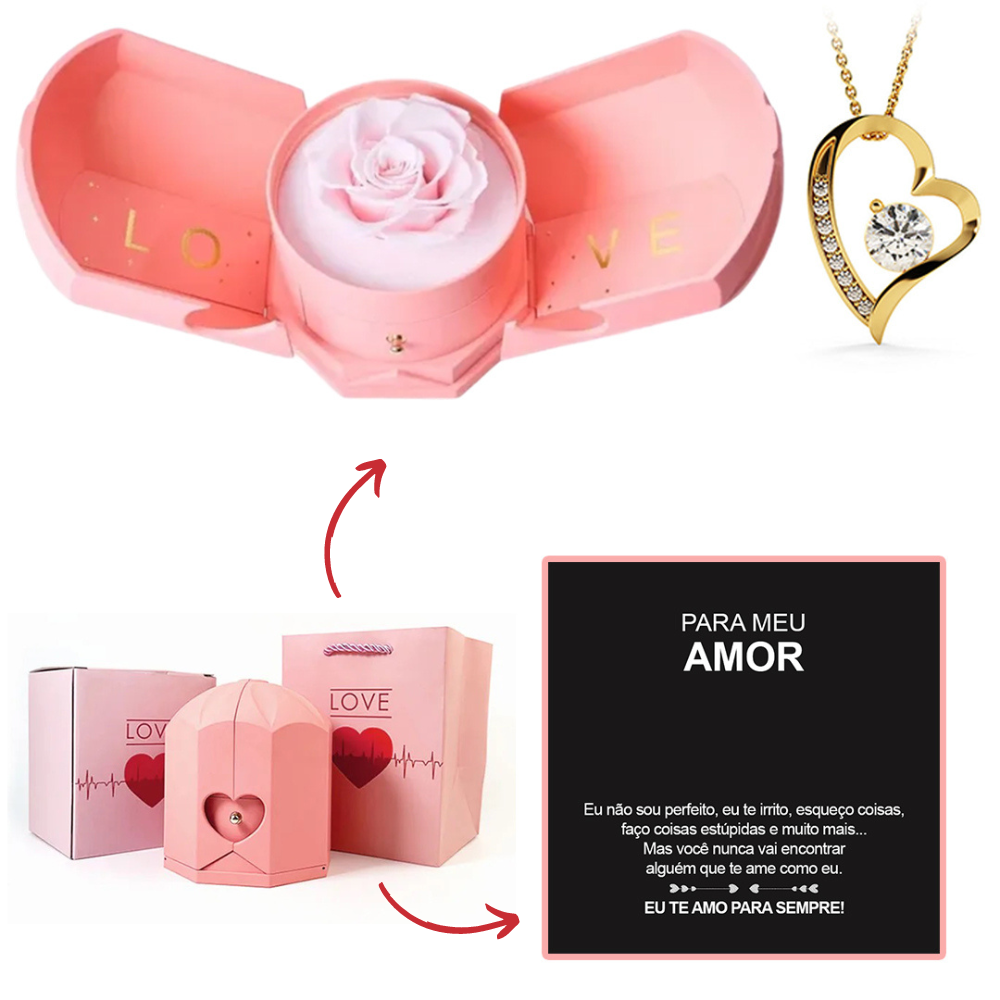 Colar em Ouro Branco 14k - Com Rosa Verdadeira - Para meu Amor