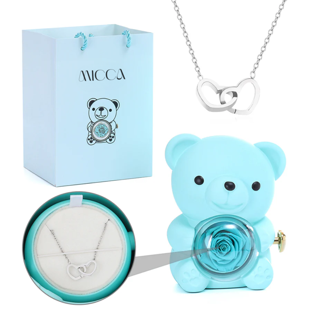 Urso com Rosa Eterna & Colar Gravado com Nomes