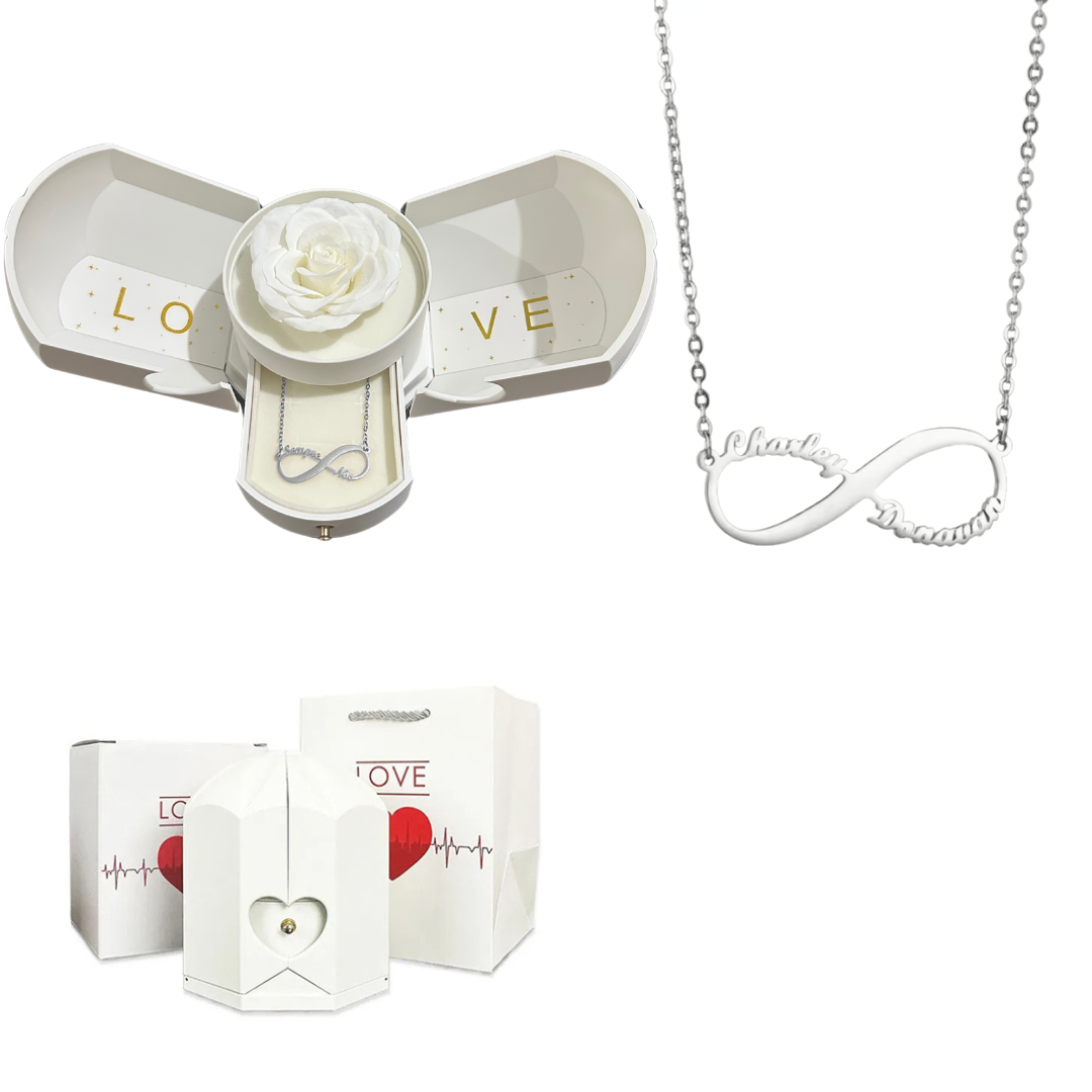 Caixa com Rosa Eterna & Colar Infinito Personalizado com Nomes
