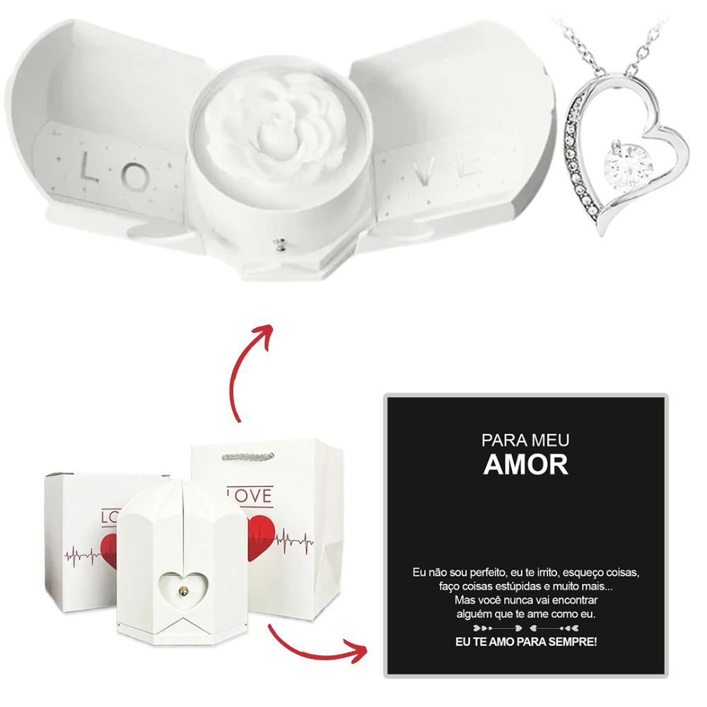 Colar em Ouro Branco 14k - Com Rosa Verdadeira - Para meu Amor