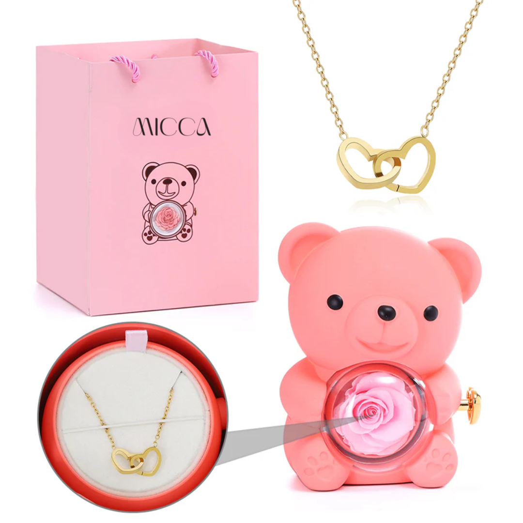 Urso com Rosa Eterna & Colar Gravado com Nomes