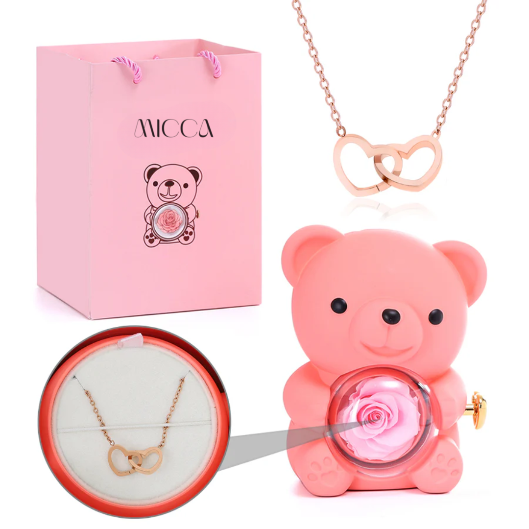 Urso com Rosa Eterna & Colar Gravado com Nomes