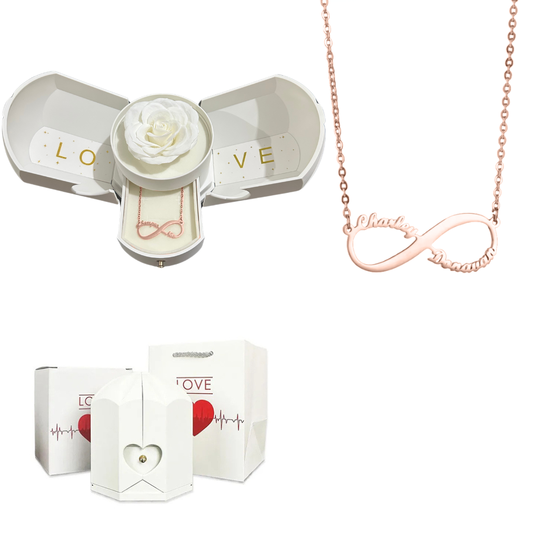 Caixa com Rosa Eterna & Colar Infinito Personalizado com Nomes