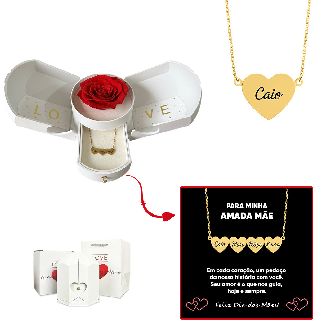 Caixa com Rosa Eterna & Colar Coração Personalizado com Nomes
