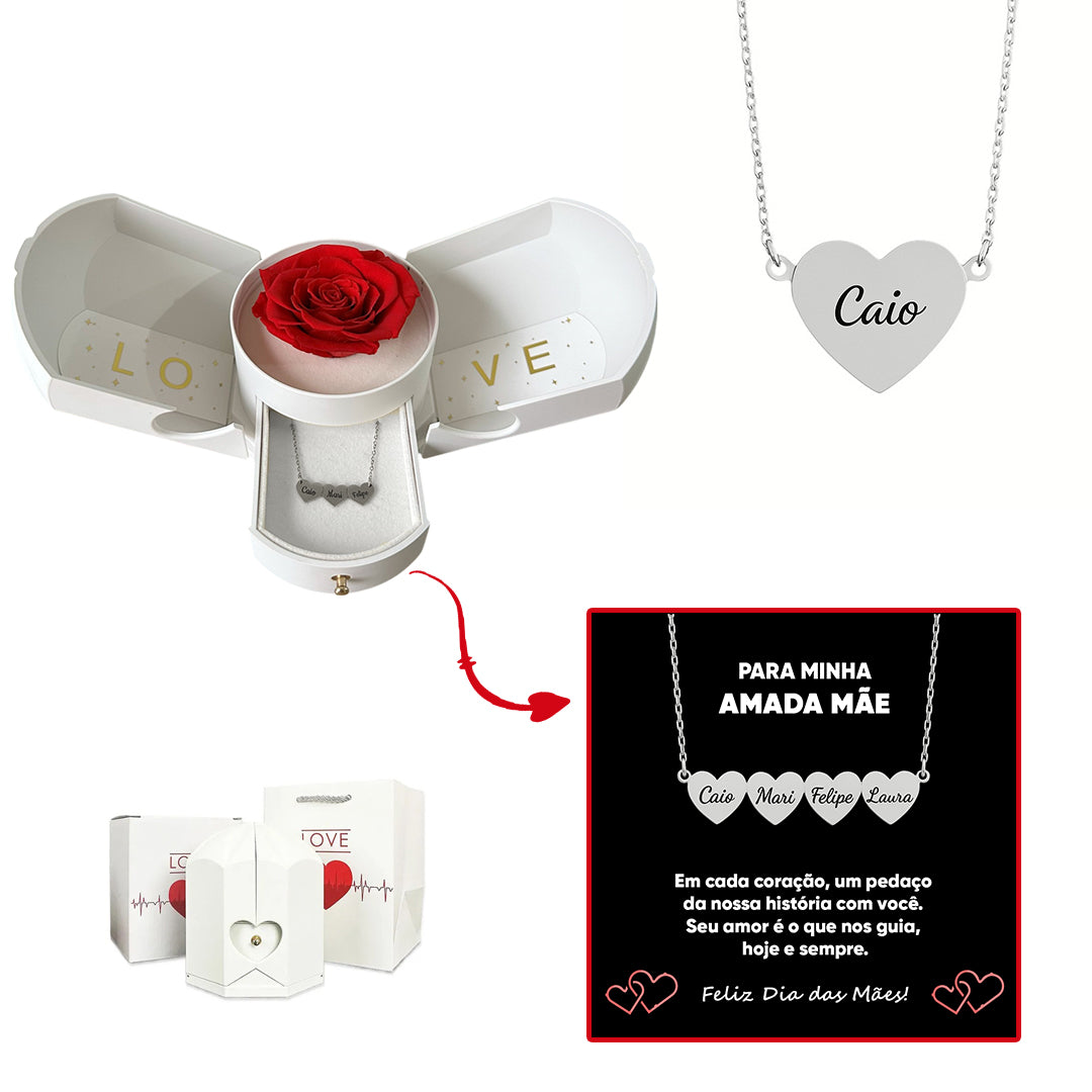 Caixa com Rosa Eterna & Colar Coração Personalizado com Nomes