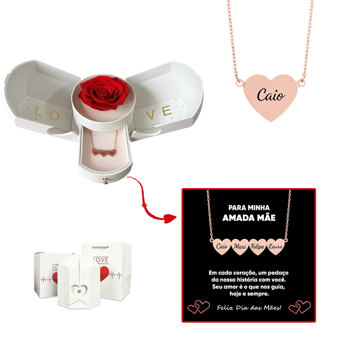 Caixa com Rosa Eterna & Colar Coração Personalizado com Nomes