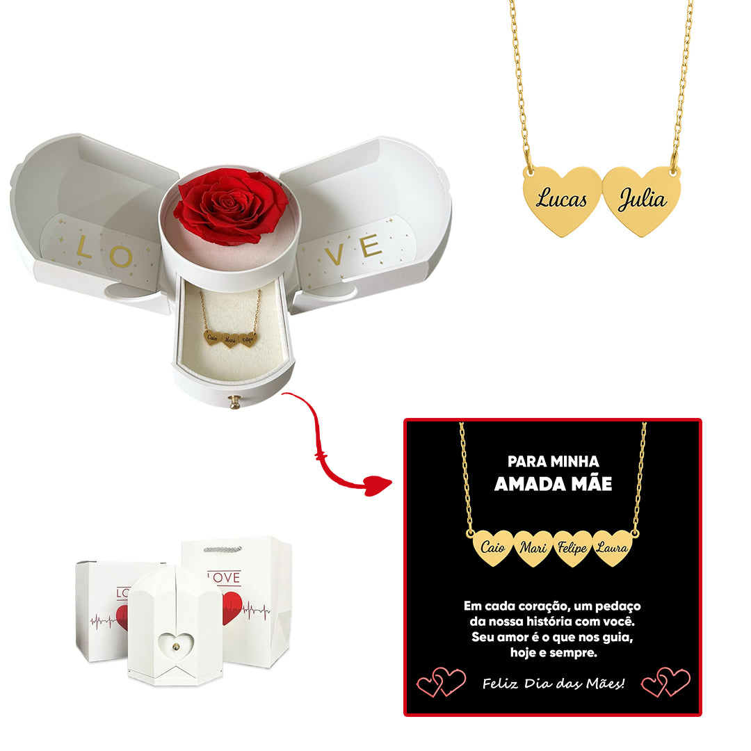 Caixa com Rosa Eterna & Colar Coração Personalizado com Nomes