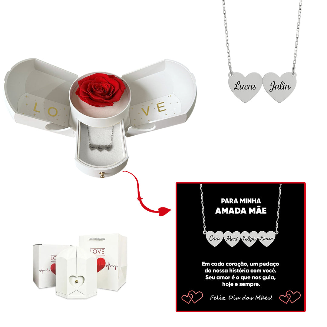 Caixa com Rosa Eterna & Colar Coração Personalizado com Nomes