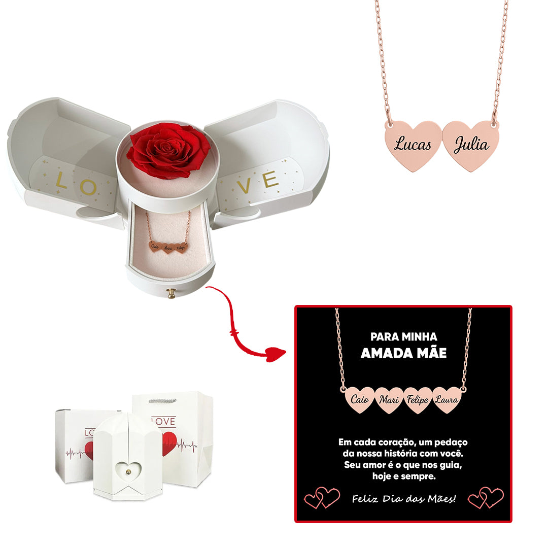 Caixa com Rosa Eterna & Colar Coração Personalizado com Nomes
