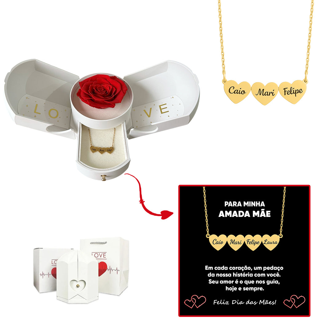Caixa com Rosa Eterna & Colar Coração Personalizado com Nomes