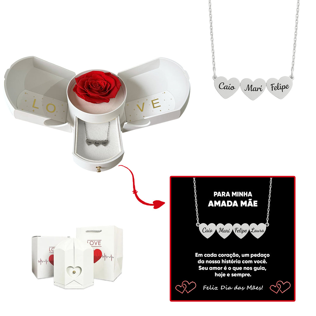 Caixa com Rosa Eterna & Colar Coração Personalizado com Nomes