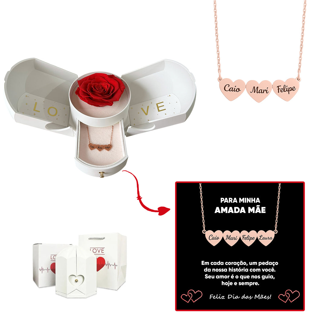 Caixa com Rosa Eterna & Colar Coração Personalizado com Nomes