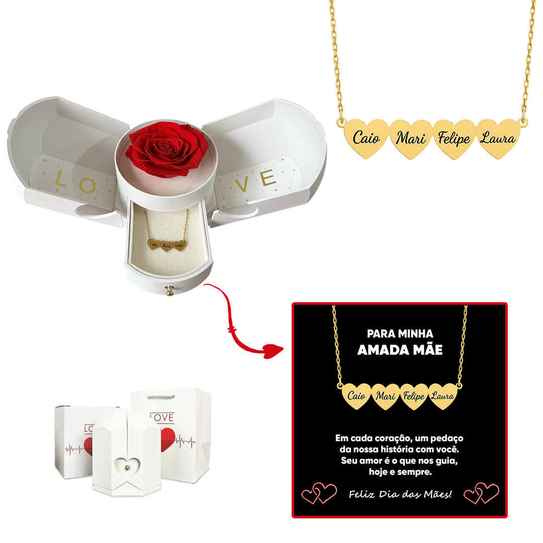 Caixa com Rosa Eterna & Colar Coração Personalizado com Nomes