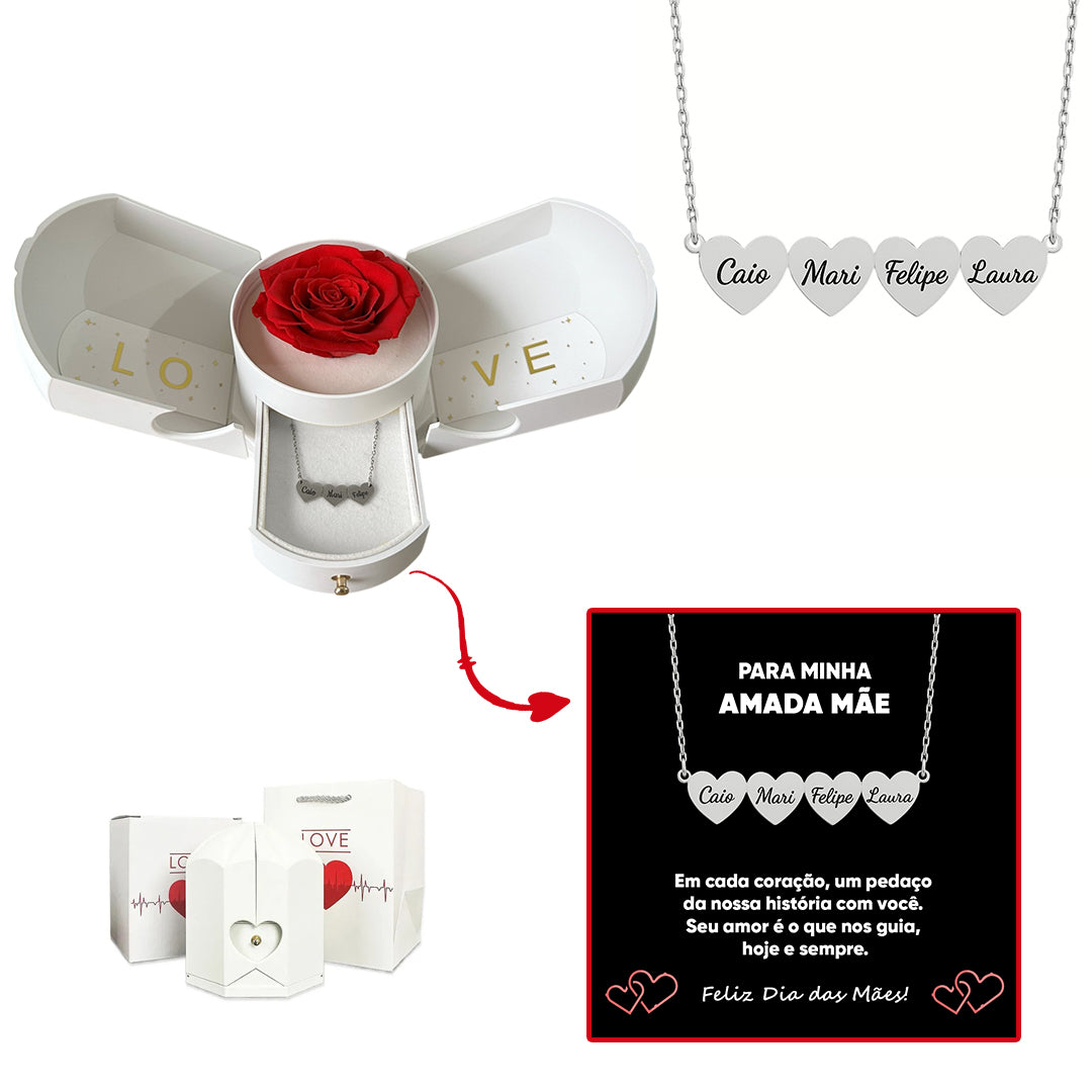 Caixa com Rosa Eterna & Colar Coração Personalizado com Nomes