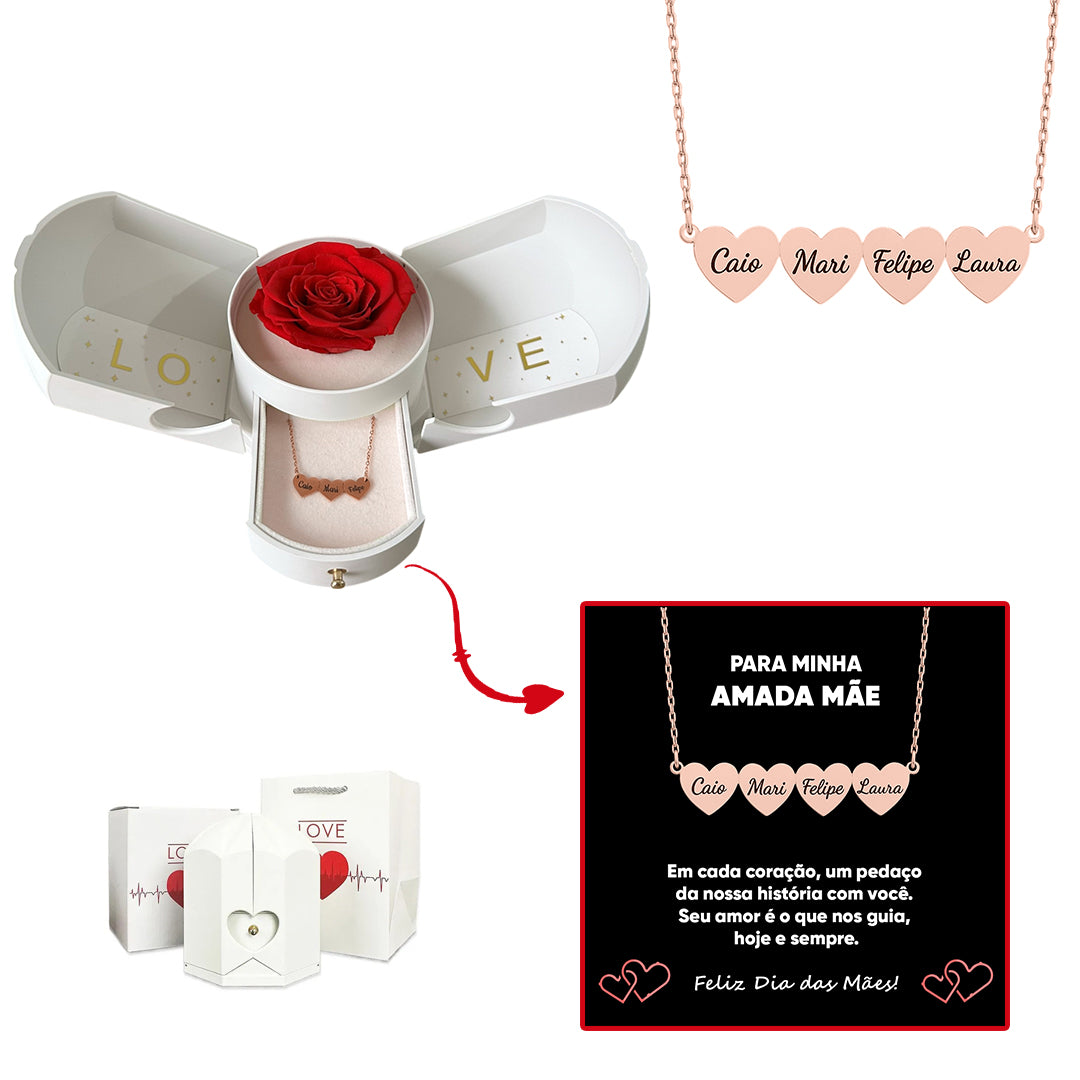 Caixa com Rosa Eterna & Colar Coração Personalizado com Nomes
