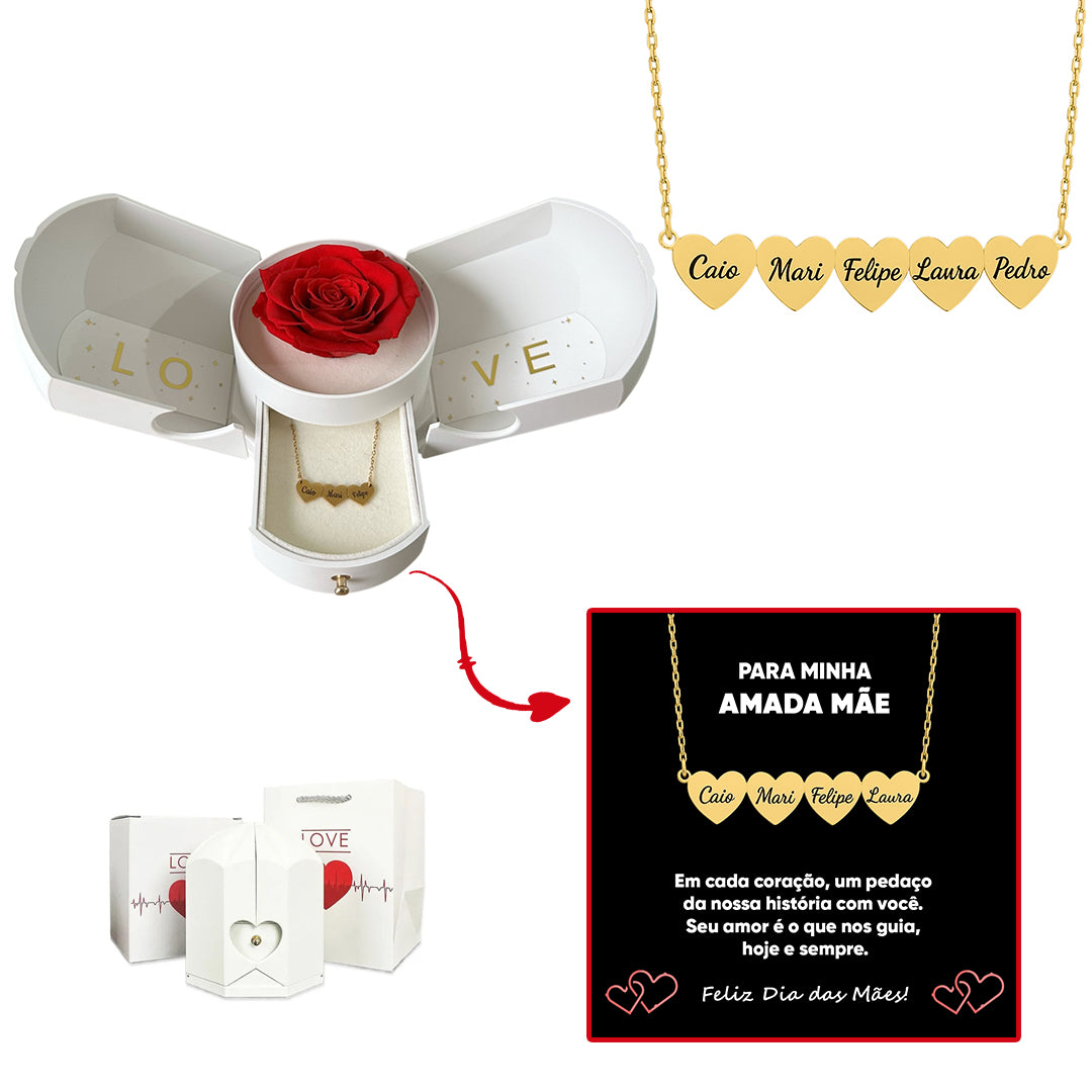 Caixa com Rosa Eterna & Colar Coração Personalizado com Nomes