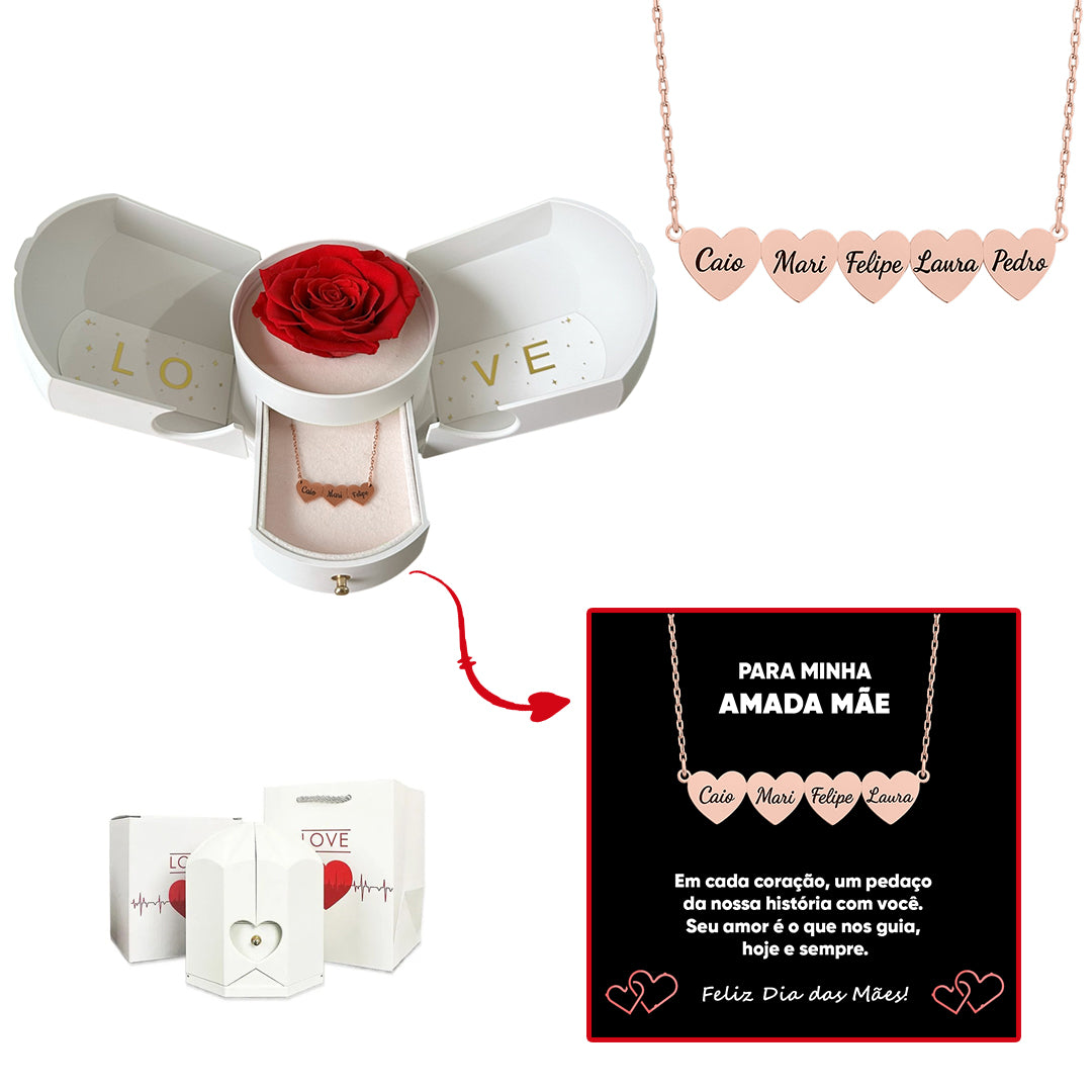 Caixa com Rosa Eterna & Colar Coração Personalizado com Nomes