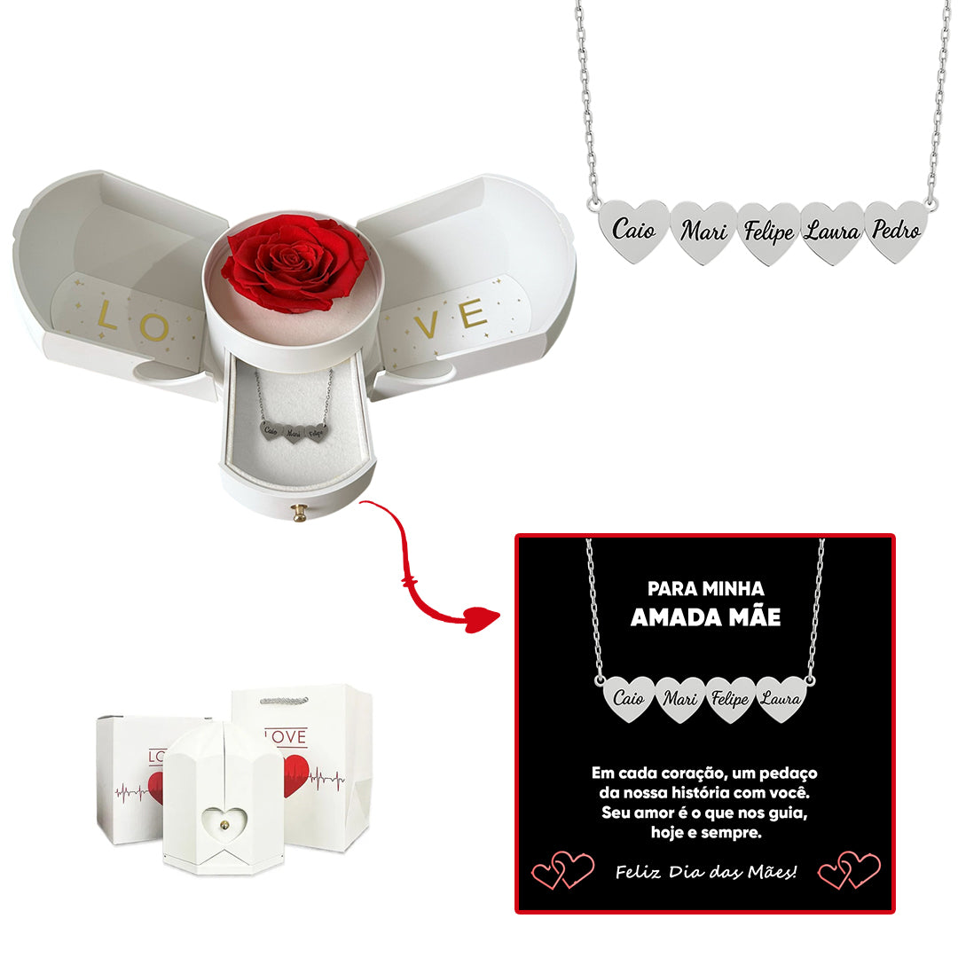 Caixa com Rosa Eterna & Colar Coração Personalizado com Nomes