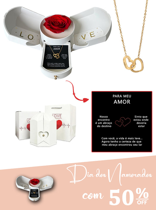 Caixa com Rosa Eterna & Colar Coração Personalizado (50%0FF)