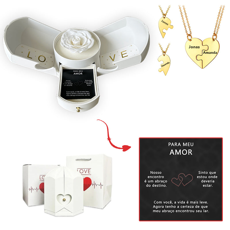 Caixa com Rosa Eterna & Colar Dual Love Personalizado com Nomes