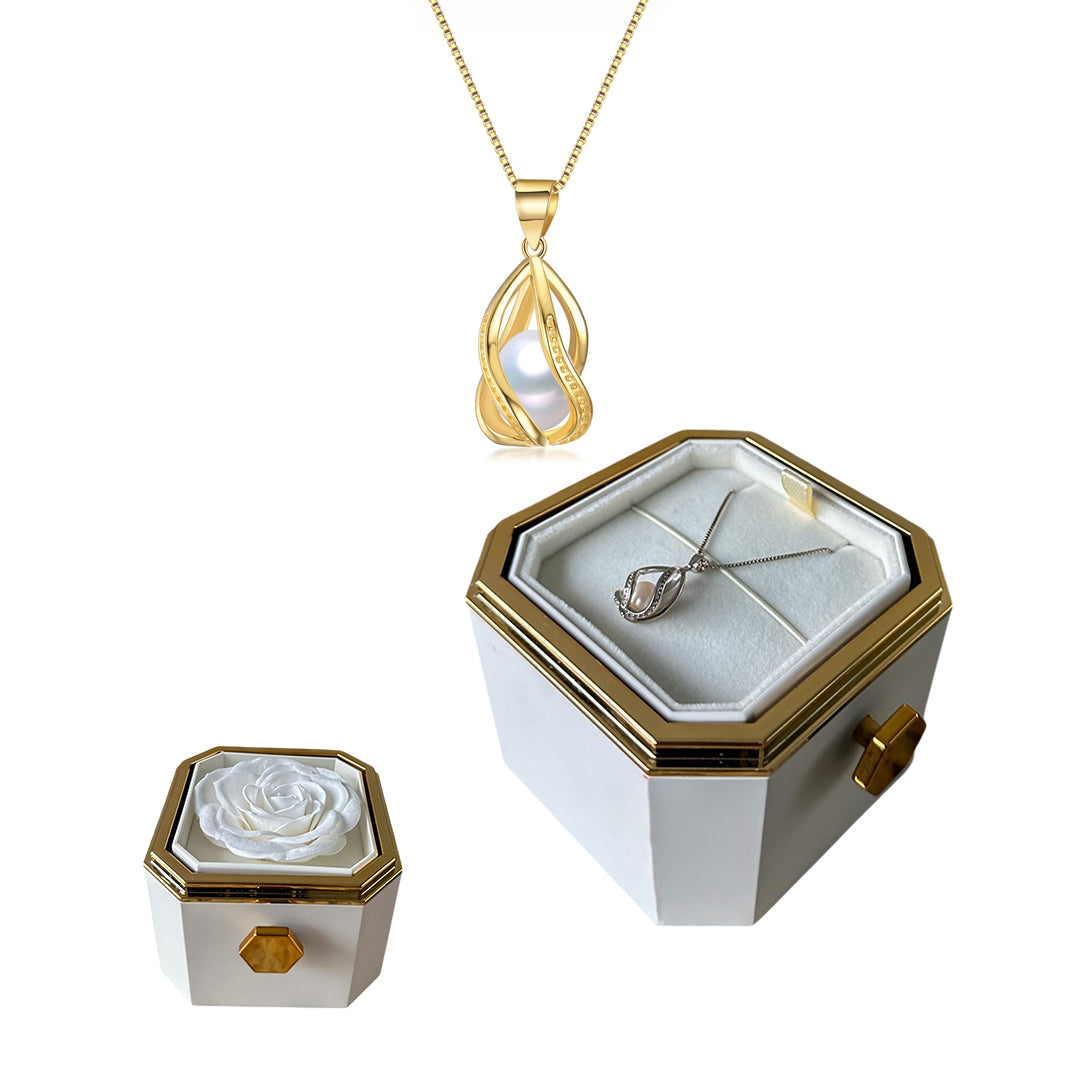 Caixa Rotativa com Rosa Eterna & Colar Pérola