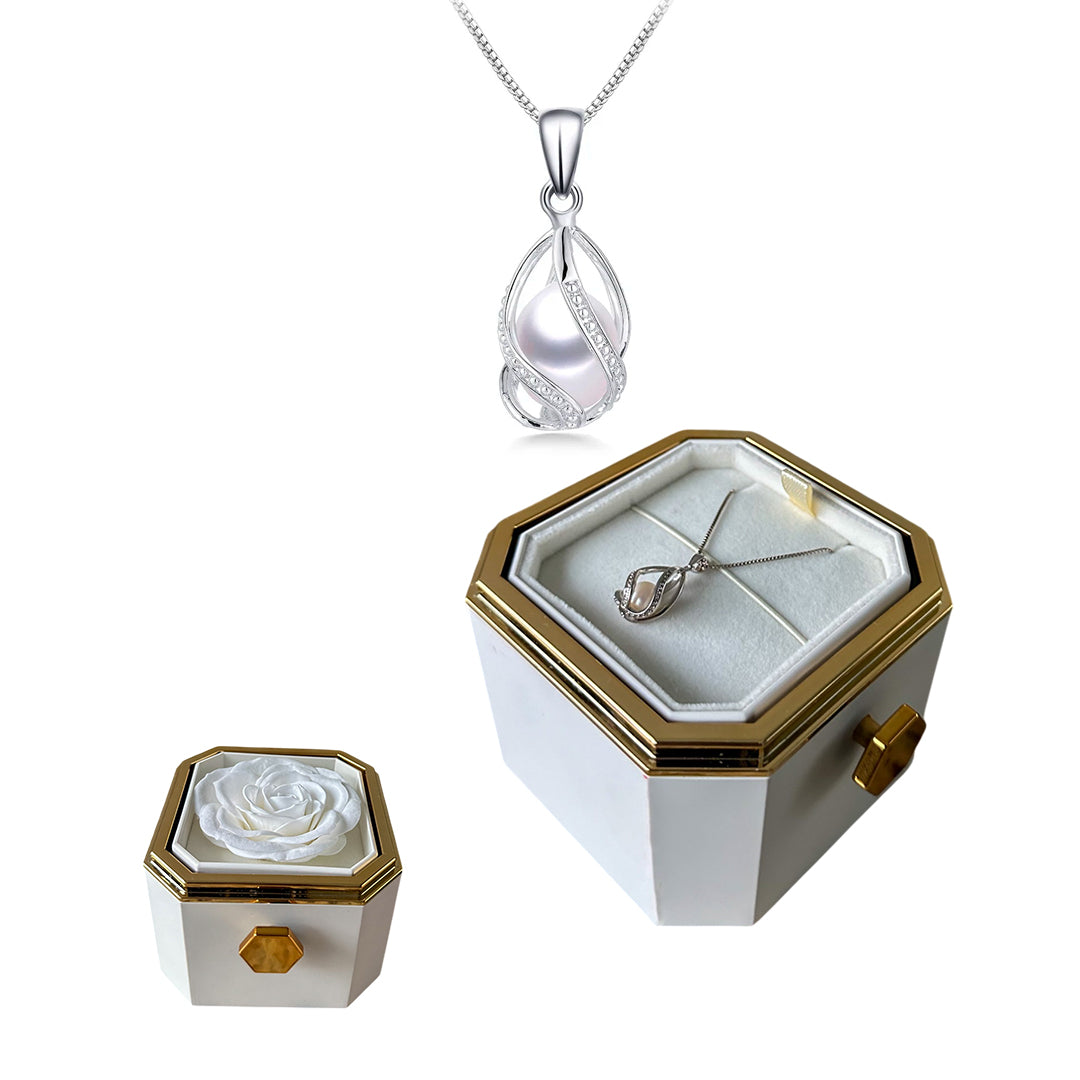 Caixa Rotativa com Rosa Eterna & Colar Pérola