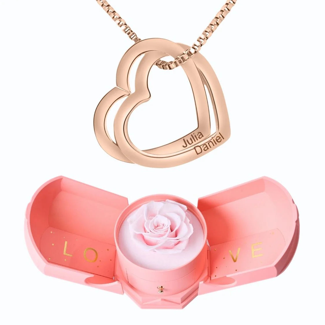 Caixa Com Rosa Eterna & Colar Corações Entrelaçados 💕