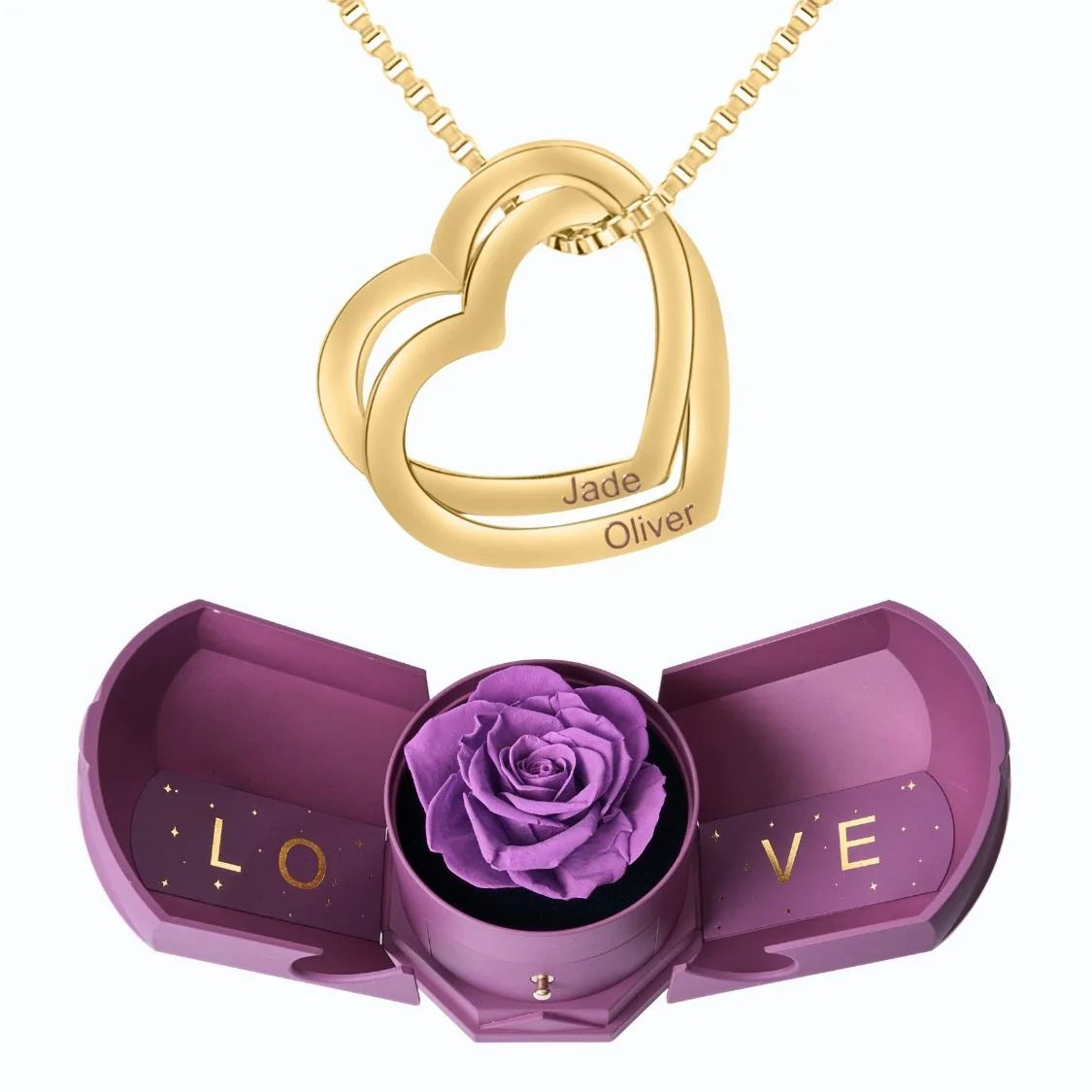 Caixa Com Rosa Eterna & Colar Corações Entrelaçados 💕