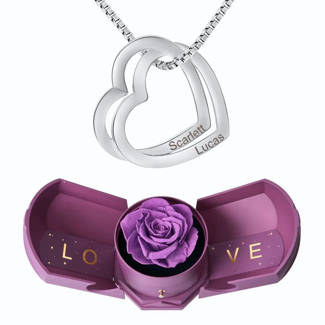 Caixa Com Rosa Eterna & Colar Corações Entrelaçados 💕