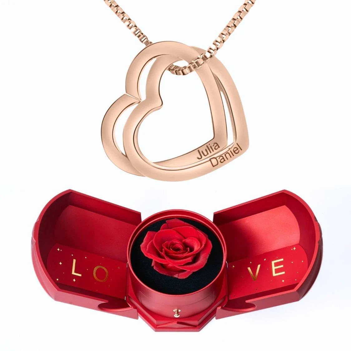 Caixa Com Rosa Eterna & Colar Corações Entrelaçados 💕
