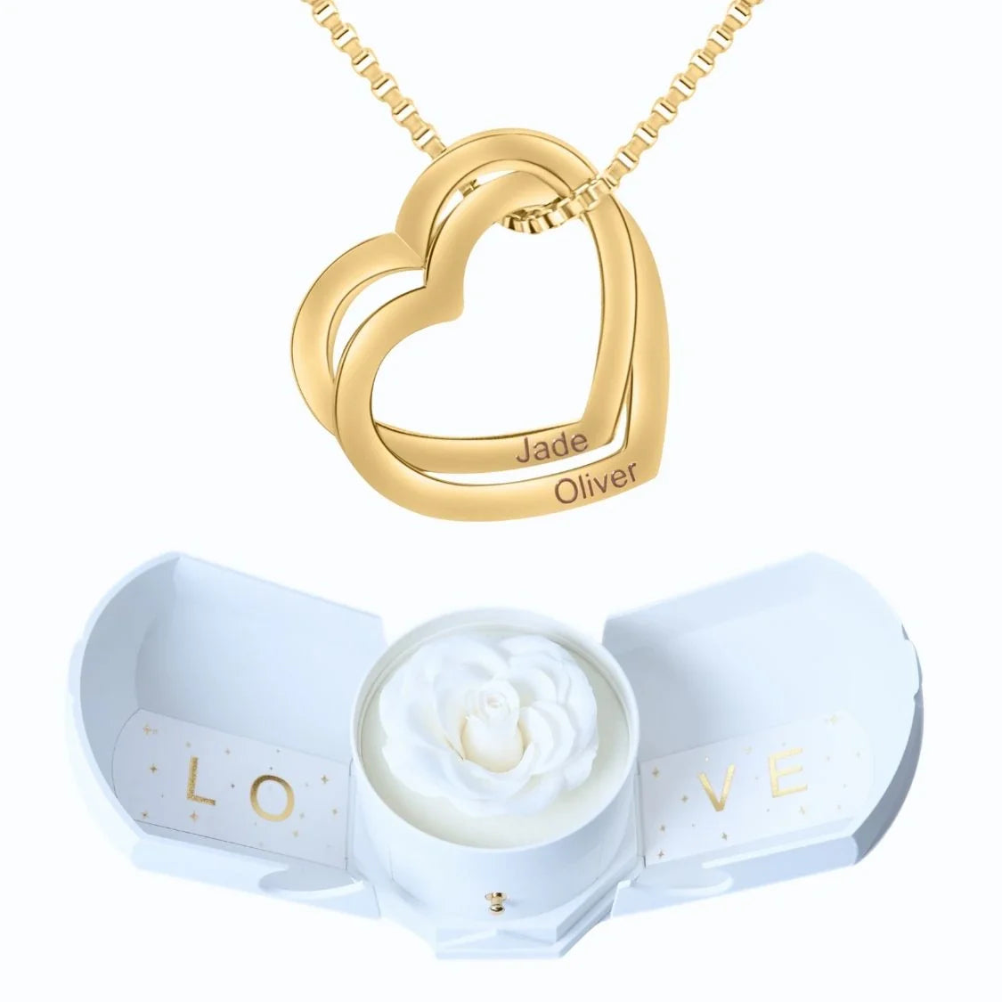 Caixa Com Rosa Eterna & Colar Corações Entrelaçados 💕