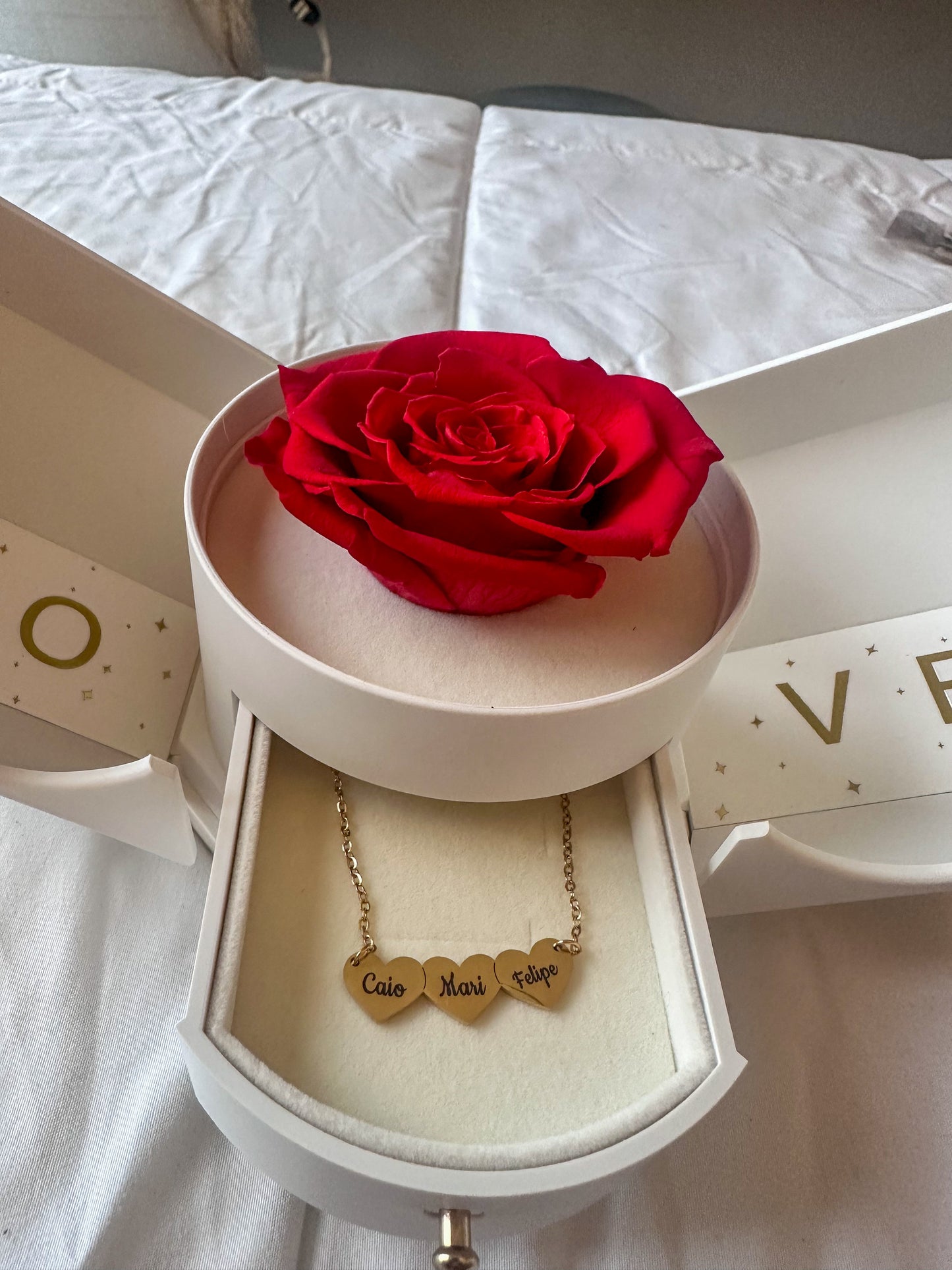 Caixa com Rosa Eterna & Colar Coração Personalizado com Nomes