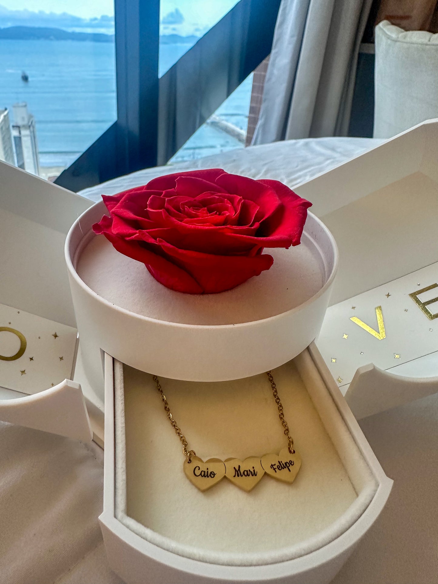 Caixa com Rosa Eterna & Colar Coração Personalizado com Nomes