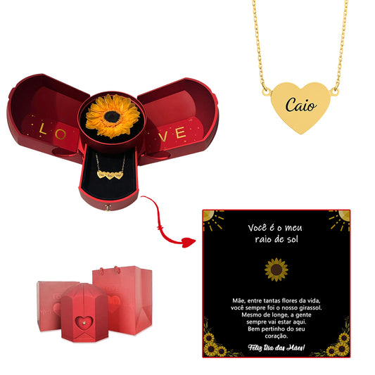 Caixa com Girassol Eterno & Colar Coração Gravado com Nomes