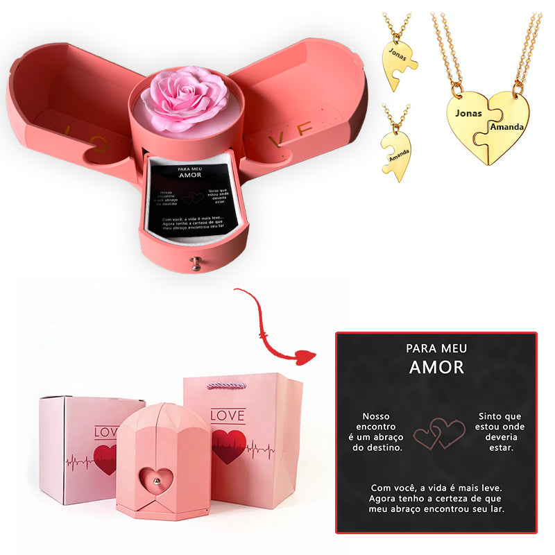 Caixa com Rosa Eterna & Colar Dual Love Personalizado com Nomes