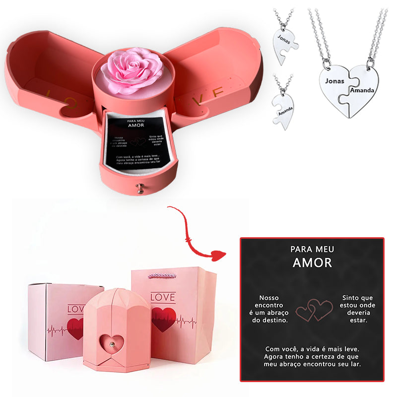 Caixa com Rosa Eterna & Colar Dual Love Personalizado com Nomes