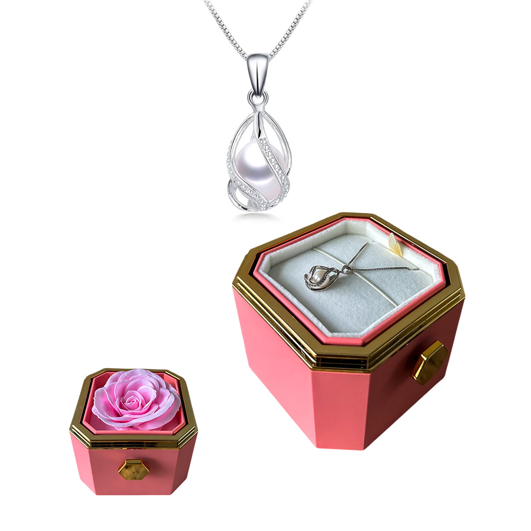 Caixa Rotativa com Rosa Eterna & Colar Pérola