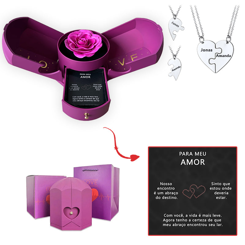 Caixa com Rosa Eterna & Colar Dual Love Personalizado com Nomes