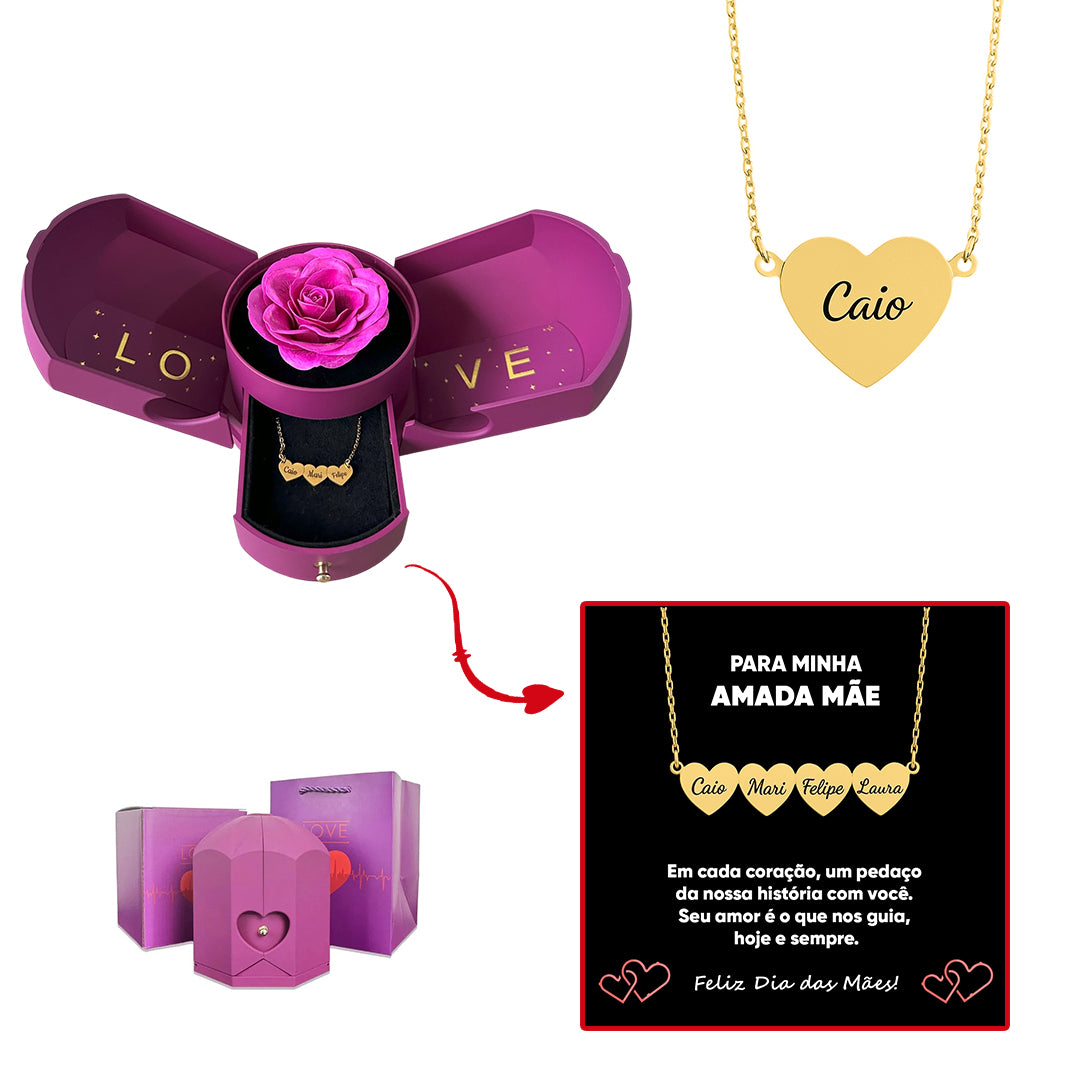 Caixa com Rosa Eterna & Colar Coração Personalizado com Nomes