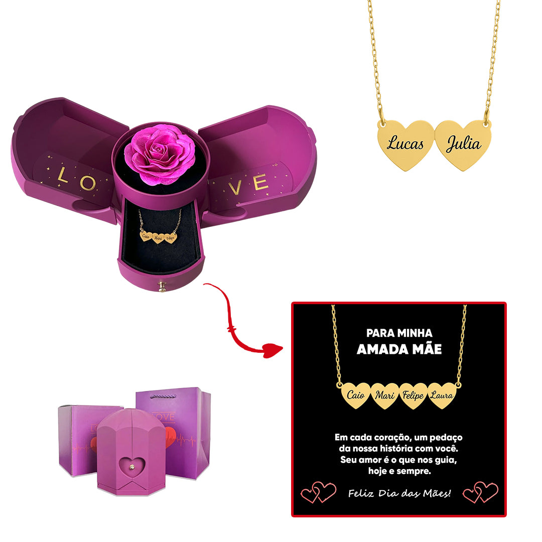 Caixa com Rosa Eterna & Colar Coração Personalizado com Nomes