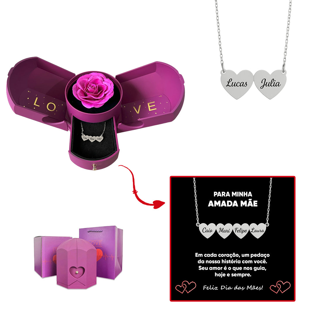 Caixa com Rosa Eterna & Colar Coração Personalizado com Nomes