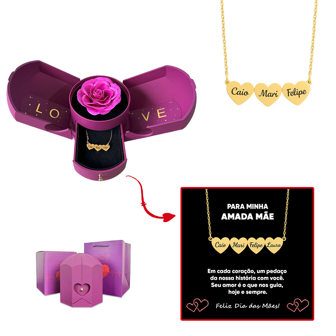 Caixa com Rosa Eterna & Colar Coração Personalizado com Nomes