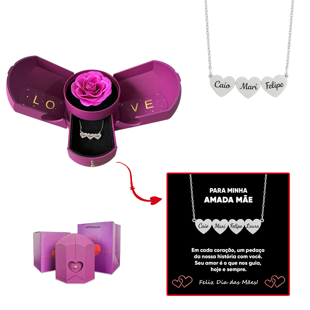 Caixa com Rosa Eterna & Colar Coração Personalizado com Nomes